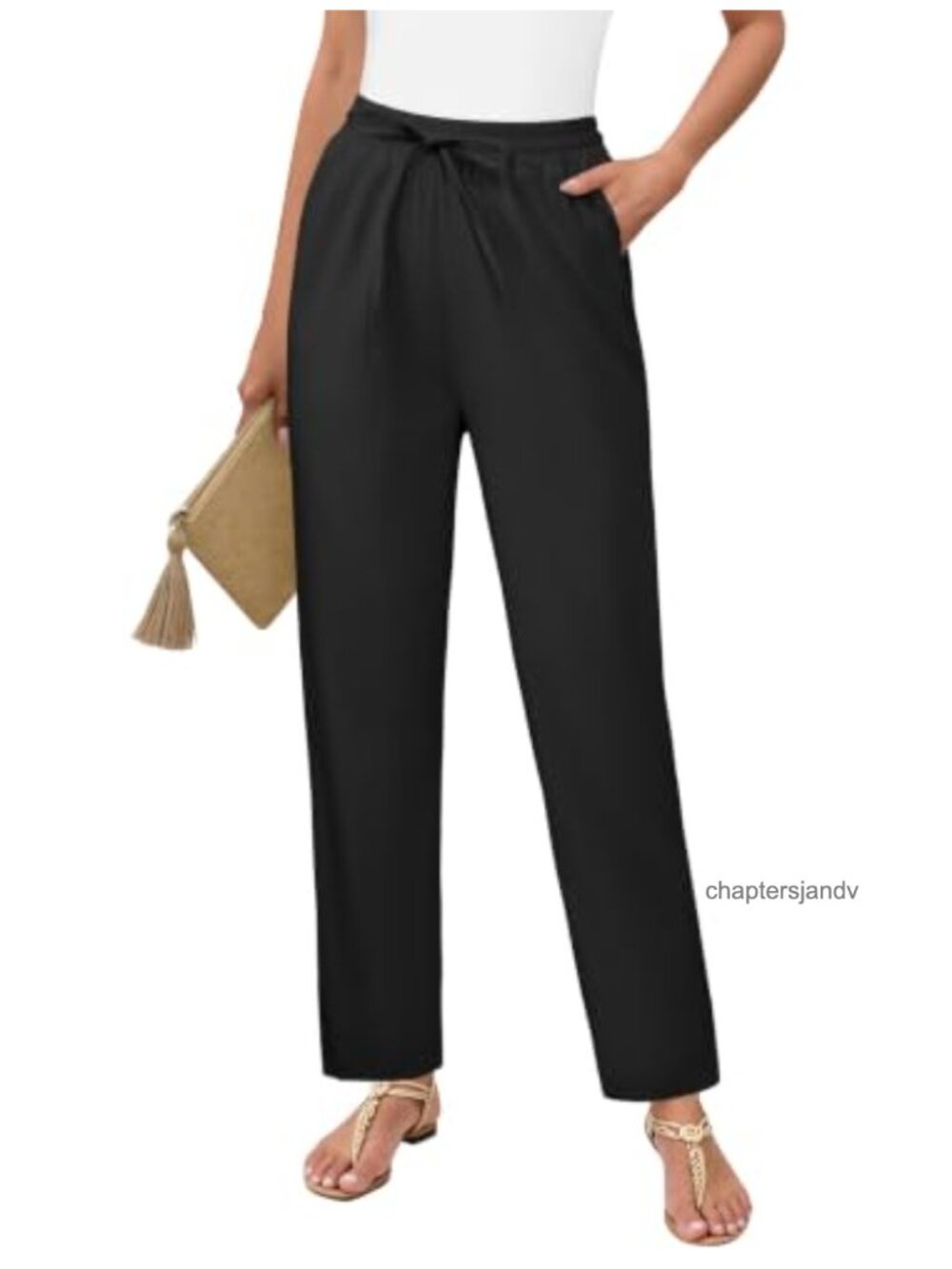Linen Blend High Waisted Drawstring Ankle Trousers Casual Pull On Pants